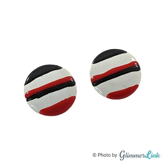 Vintage Fun Striped Black Red & White Enamel Circle Earrings - Picture 2 of 9